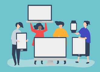 Wall Mural - character illustration of people with different digital devices