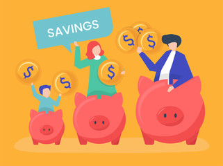 Poster - Family with savings and piggy bank icons illustration