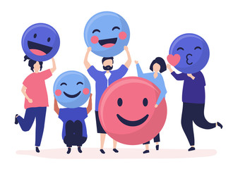 Sticker - Characters of people holding positive emoticons illustration