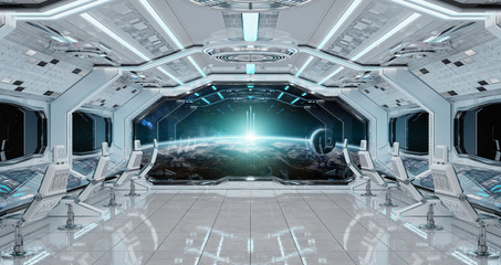 white clean spaceship interior with view on planet earth 3d rendering