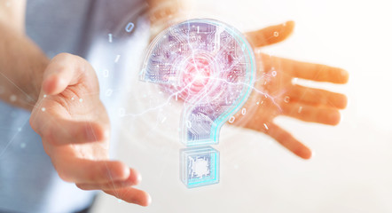 Fototapete - Businessman solving problem with digital question marks 3D rendering