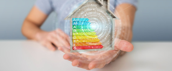 Wall Mural - businessman using 3d rendering energy rating chart in a wooden house