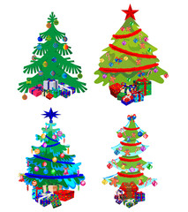 Star decorations, balls and light chains decorated Christmas trees with lots of gift boxes.