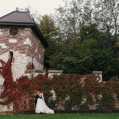 Wall Mural - Gorgeous bride and stylish groom gently hugging and smiling at  old wall of autumn red leaves. Happy sensual wedding couple embracing. Romantic moments of newlyweds