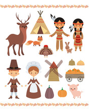 Thanksgiving Characters And Elements Set. Vector Illustrations Isolated On A White Background.