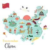 Fototapeta Pokój dzieciecy - Chinese cartoon map with destinations, symbols