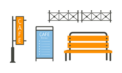 Wall Mural - City street elements set, fence, bench, cafe signboard, menu vector Illustration on a white background