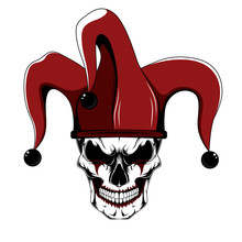 Skull Of A Clown Jester In A Red Hat. Vector Images.