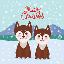 Merry Christmas New Year's Card Design Kawaii Funny Brown Husky Dog, Face With Large Eyes And Pink Cheeks, Boy And Girl, Mountain Landscape Snowflakes Background. Vector