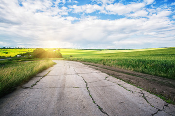 Wall Mural - cracked asphalt road to the sun in the field