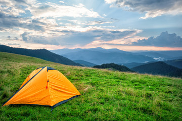 Wall Mural - orange tourist tent in mountains covered with green grass