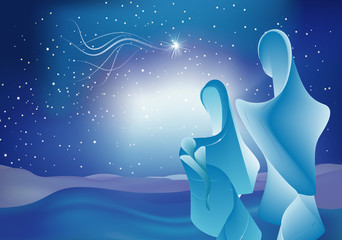 Wall Mural - Modern nativity scene with baby Jesus - Mary and Joseph. Holy family on starry blue sky background. Bethlehem