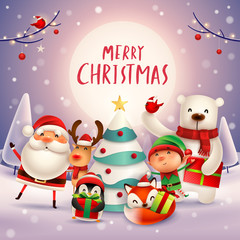 Merry Christmas! Happy Christmas companions in the moonlight. Santa Claus, Reindeer, Elf, Polar Bear, Fox, Penguin and Red Cardinal Bird in Christmas snow scene.