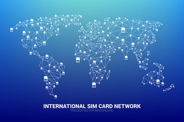 Poster - Vector Polygon sim card network connect line to world map shape. Concept for international sim card service  and network.