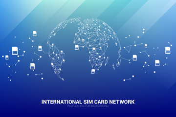 Sticker - Vector Polygon sim card network connect line to world map shape. Concept for international sim card service  and network.