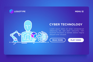 Cyber technology concept with thin line icons: ai, robotics arm, 3D. Vector illustration, web page template on gradient background.