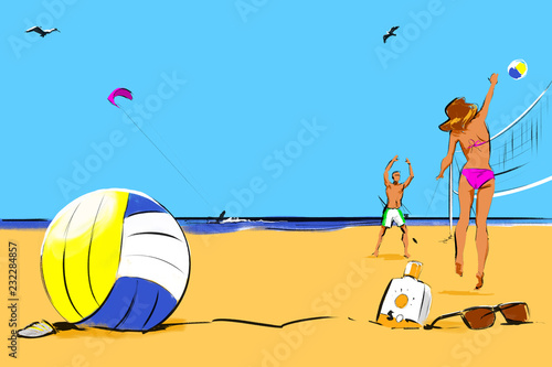 Fototapety piłka plażowa  2-pary-grajace-w-siatkowke-plazowa