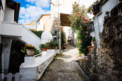 Plakat starożytna wioska na zapleczu Ligurii, wąskie uliczki i kolorowe ściany