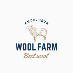 Wall Mural - wool farm abstract vector sign, symbol or logo template. hand drawn engraving style sheep sillhouett