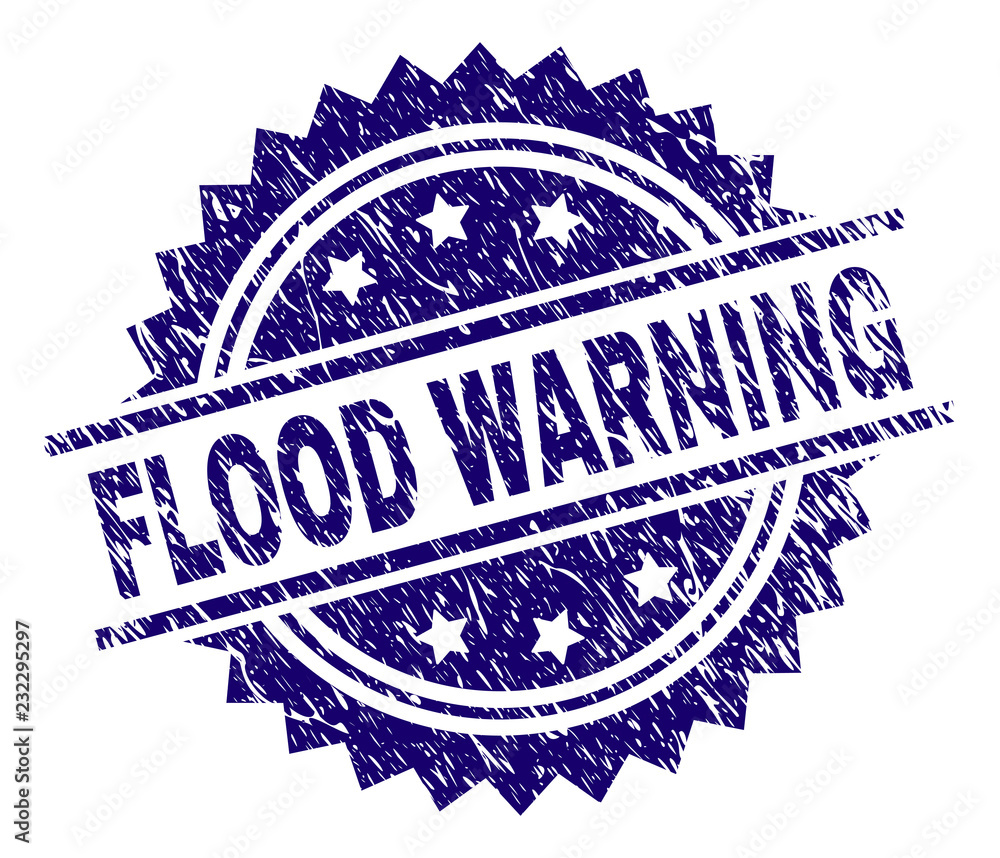 FLOOD WARNING stamp seal watermark with distress style. Blue vector ...