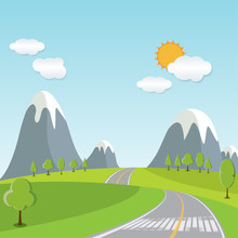 Spring Or Summer Cartoon Landscape, With Road Trail Leading Towards Horizon