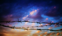 The Ban In Islam .  Behind Barbed Wire . Crescent Moon On A Night Sky . Sunset And New Moon . 