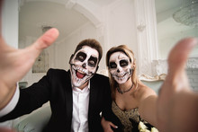 Halloween Zombie Party And Horror. Halloween Couple With Makeup