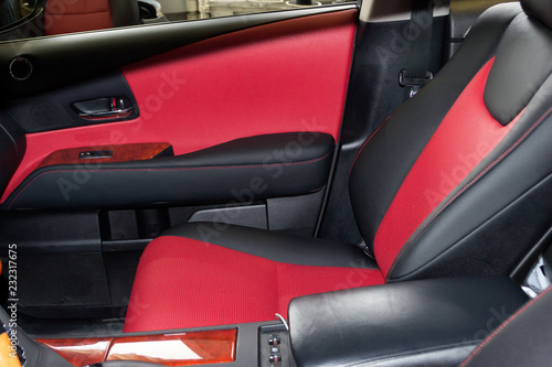 Interior Of The Suv Car With A Rebuilt Leather In Red Black