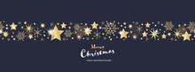 Christmas Time. Dark Blue And Golden Snowflake And Star Seamless Border. Text : Merry Christmas 