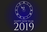 Fototapeta Big Ben - Illustrazione testo HAPPY NEW YEAR 2019, orologio con numeri romani, sfondo blu e nero, Festività