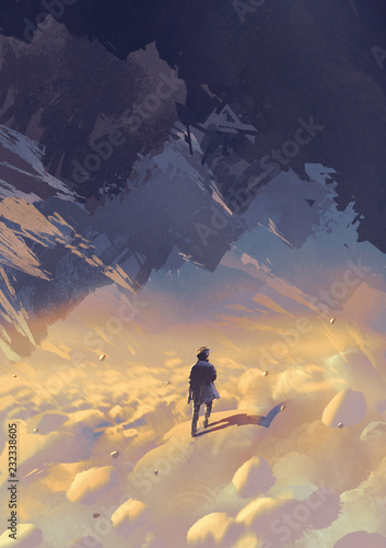 Fotomural scenery of surreal world showing a man walking on clouds looking at upside-down