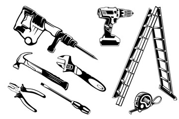 Stock vector illustration set icons building tools repair, construction buildings, drill, hammer, screwdriver, saw, file, putty knife, ruler, helmet, roller, brush, tool box, kit flat style