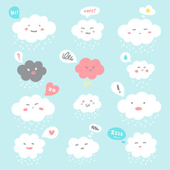 Flat style illustration. Cute fluffy smiley clouds with cartoon doodle emoji faces and speech bubbles. Emoticons with facial expressions, emotions - anger, love, surprise, shame, joy, distrust, sleepy