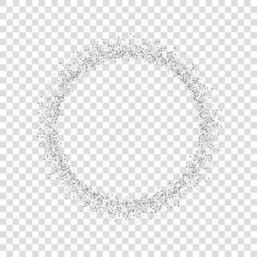 Silver circle isolated white transparent background. Round frame, confetti, sparkles, gray dust. Border design Christmas party, shine birthday decoration, bright Valentine card. Vector illustration