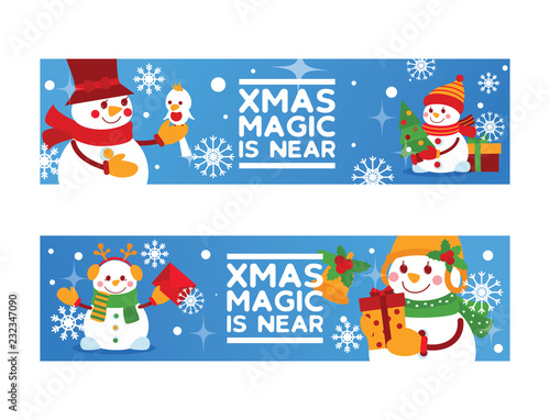 Merry Christmas snowman vector New year greeting card with santa snow-man cha...