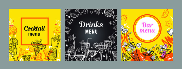 Set of cocktail menu cover design templates. Vector outline hand drawn illustration with different cocktails and fruits with yellow and blackboard background