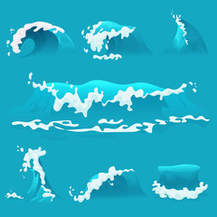  Vector set of different cartoon sea or ocean waves with foam.