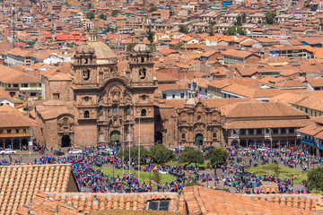 Jesuit Church and Main Square of Cusco from San Cristobal church, Peru