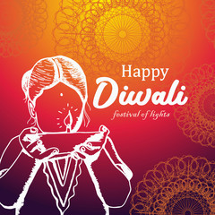 Wall Mural - Diwali greeting design with colorful theme and hand drawn a child women giving a burning diya.