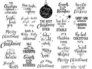 set of 25 christmas hand lettering quotes to greeting card, banner, poster, calligraphy vector illustration