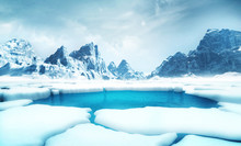 Cracked Ice Floe Pieces With Big Mountains Behind Background, Global Warming And Environmental Conditions 3D Illustration Render