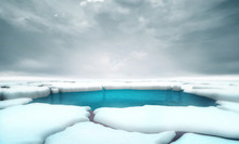 Cracked Iceberg Pieces With Water Gap Middle Background Template, Global Warming And Environmental Conditions 3D Illustration Render