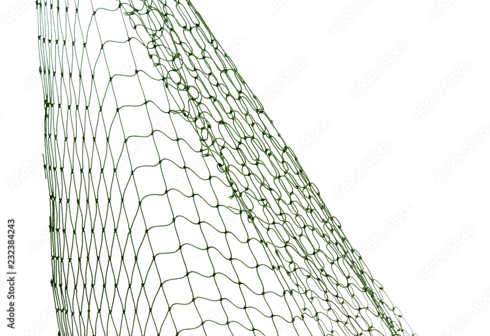 Fishing net on white background, closeup view - obrazy, fototapety, plakaty 