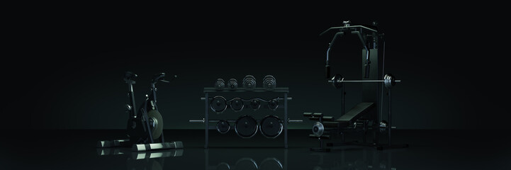 gym equpment in dark background. 3d rendering