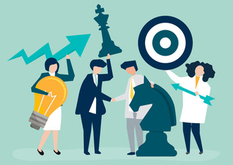 Wall Mural - Business people holding goal and strategy icons illustration