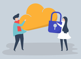 Canvas Print - Characters of a couple and a cloud security illustration