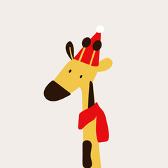 Poster - Giraffe in a cartoon style with a Christmas hat vector