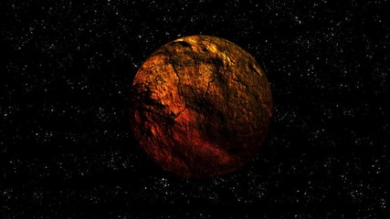 Wall Mural - orange and red cracked planet on starry space rotating or maybe a big orange asteroid rock in the ga
