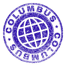 COLUMBUS Stamp Print With Distress Texture. Blue Vector Rubber Seal Print Of COLUMBUS Text With Unclean Texture. Seal Has Words Arranged By Circle And Globe Symbol.