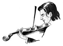 Musician Playing Violin. Ink Black And White Drawing
